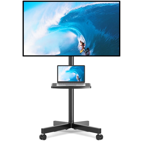 RTVR Modern Rolling TV Stand on Wheels with Shelf for 23 to 55 60 inch Flat Screens, Mobile TV Cart Stand, Black