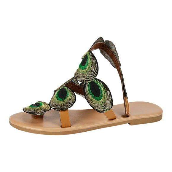 IUJSOY Womens Slide Sandals Flat Toe Ring Flip Flops with Embroidery Peacock Cross Strap for Summer