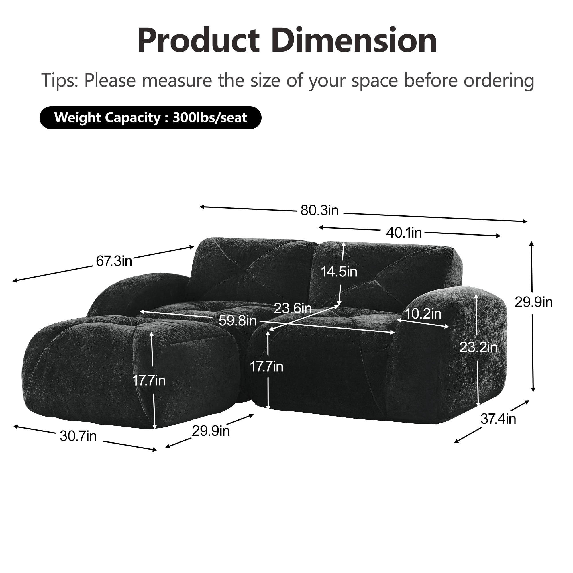 L-Shaped Boneless Sofa, Soft Velvet Fabric, Tufted Design, 32D High Density Sponge, No Assembly Required, Ergonomic Design Bottom, Anti-Slip Design, Movable Ottoman for Bedrooms (Black)