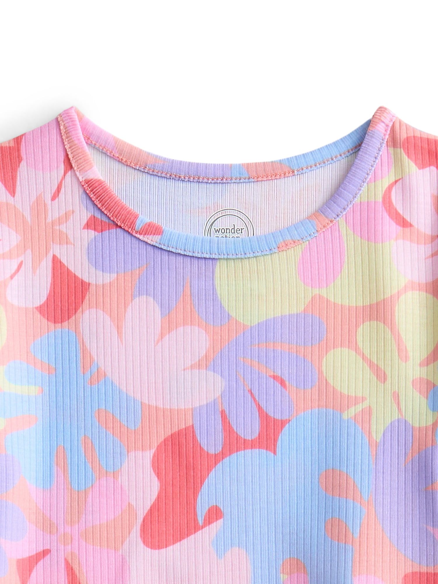 Wonder Nation Toddler Girl's Ribbed Print Tee and Shorts, 2-Piece Pajama Set, Sizes 12M-5T