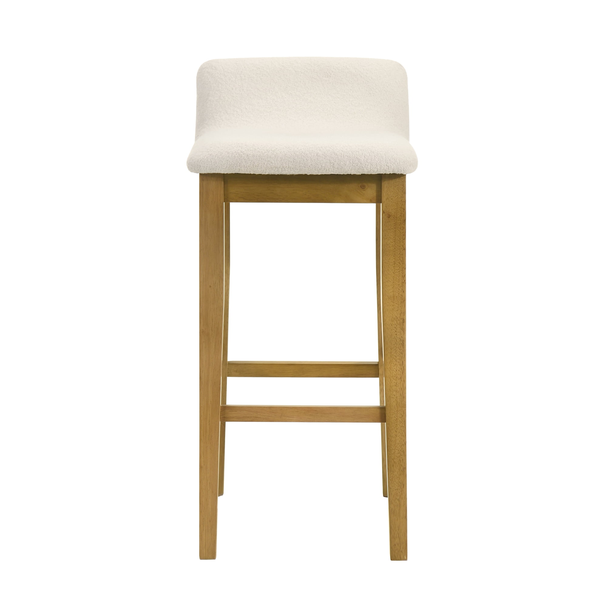 Annikah Modern Transitional Wood Bar Height Kitchen Bar Stool in Amber Glow Finish with White Boucle Fabric Upholstered Seat - Set of 2