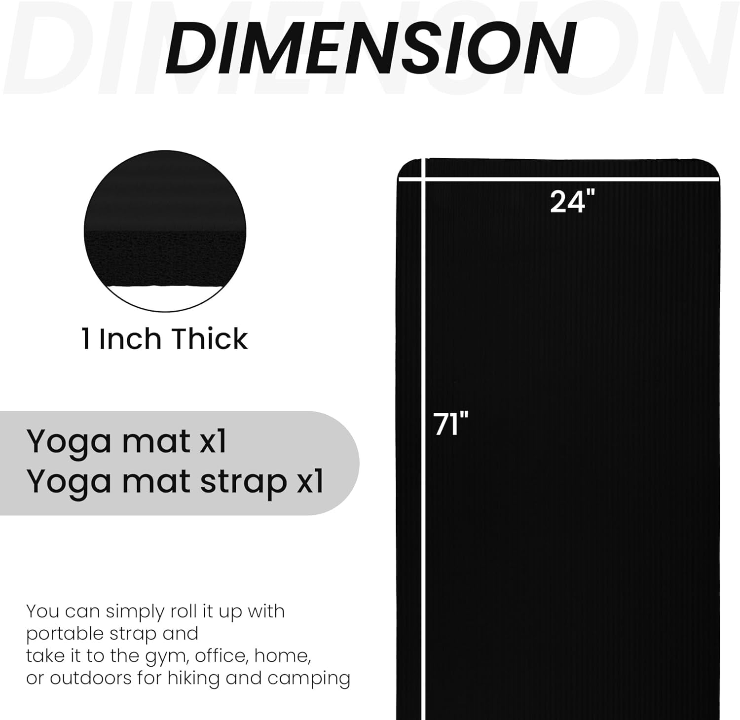 Fitvids 1 Inch Thick Yoga Mat 71x24 Inch - Non Slip Workout Mat with Carry Strap, Multiple Colors - Versatile Exercise Mat for Home, Gym, Pilates, Meditation - For All Skill Levels