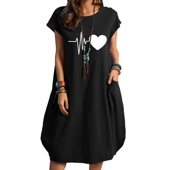 Fesfesfes Spring Dresses for Women Loose Round Neck Tunic Dress Casual Knee Length Linen Mini Dress Heart Printed Mom Dress with Pocket
