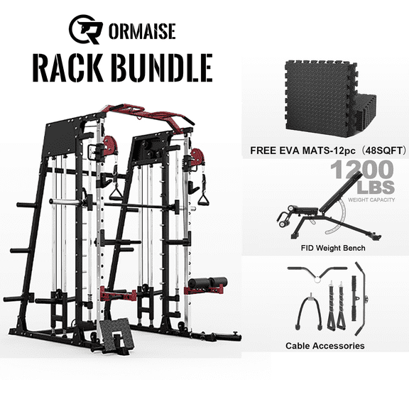 Smith Machine Home Gym, 2200 lbs Power Rack Cage with Cable Crossover, Weight Bar, 360° Landmine, Barbell Holders and Other Attachments, Total Body Strength Training Cage