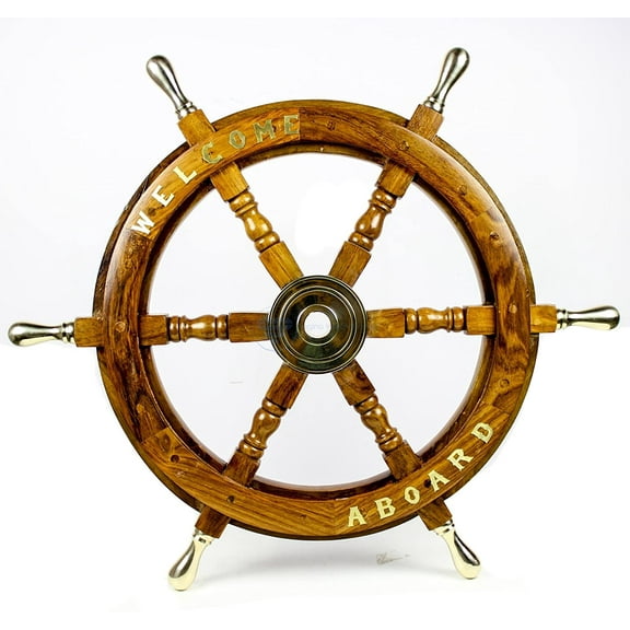 Nagina International Welcome Aboard Embedded Premium Handcrafted Nautical Pirate's Wall Decor Ship Wheel (16 Inches, Brass Handle)