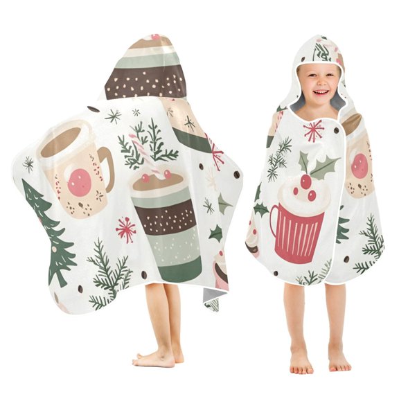 Yayeee Kids Hooded Towels Toddler Soft Absorbent Beach Bathing Wrap 50" x 23.5", White Christmas Cups