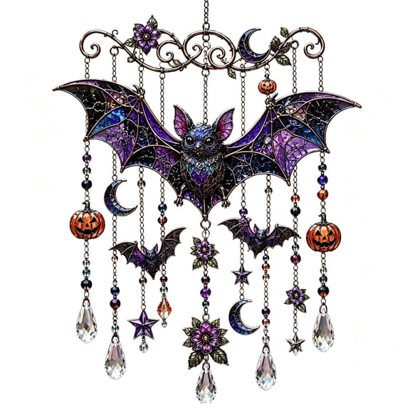 Halloween Acrylic Suncatcher Wind Chime Hanging Ornament, Colorful Light Refracting Spooky Window Decor with Melodic Chimes, Weatherproof Outdoor Patio Garden Yard Party Decoration, Multicolor