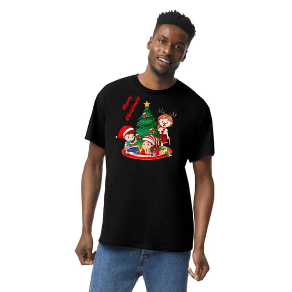 GOLDENROW Funny Merry Christmas T-Shirt for Adult Men, 5.3oz Crewneck Christmas Shirt for Festive Season, Short Sleeve Graphic Print T-Shirt Black, S