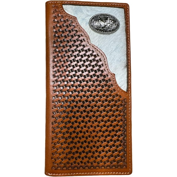 Western Stakes Mens Long Wallet Basketweave Tooled Cow Hair Leather Rooster Concho Checkbook Style Cowboy Hand Crafted High End Mens Wallets Leather Gifts For Men (Light Brown)
