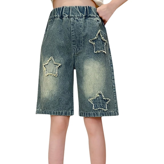 KAUOD Girls Star Patch Jean Shorts Wide Leg Baggy High Elastic Waist Denim Shorts Summer Cute Casual Y2K Bermuda Pants