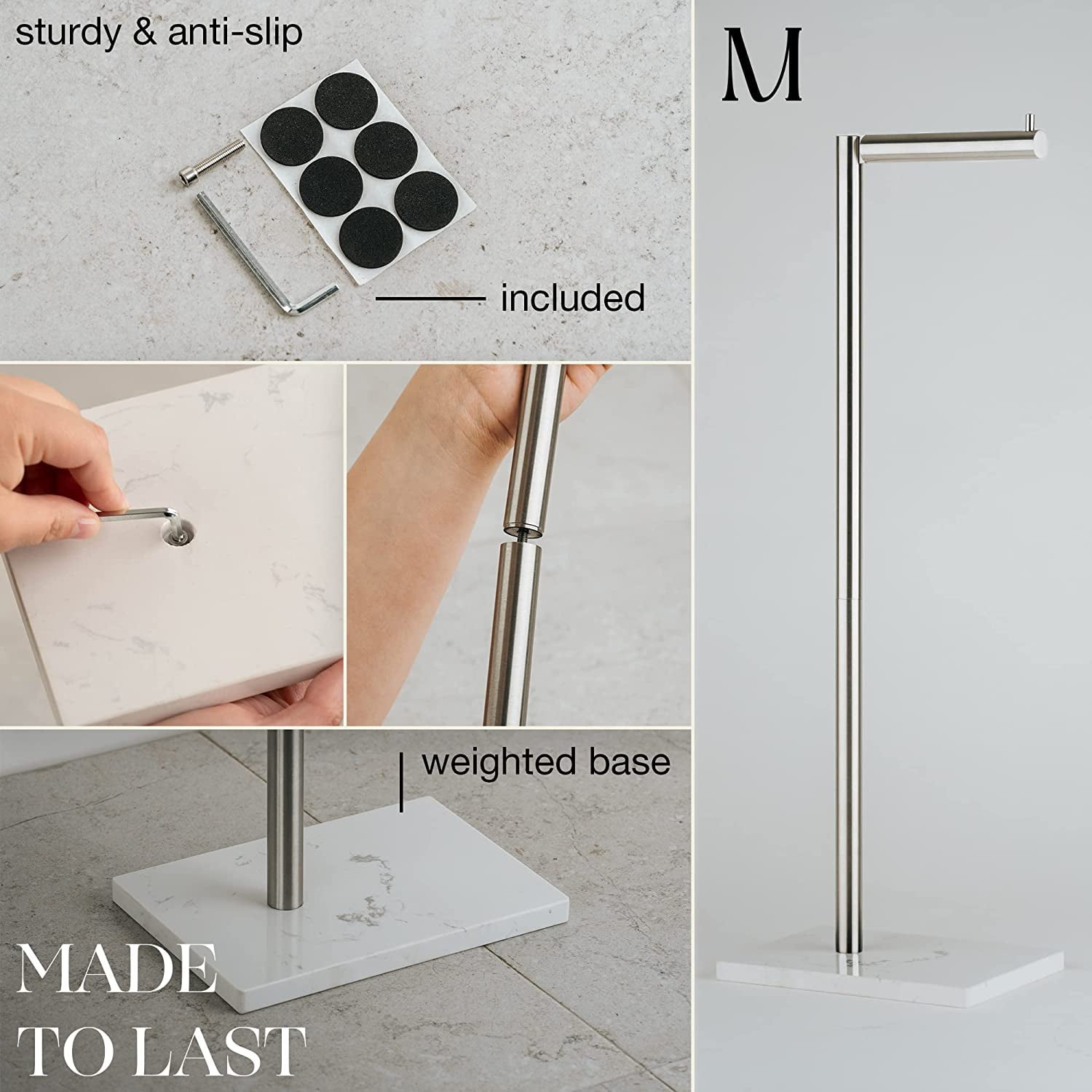 Marmolux Acc Brushed Nickel Toilet Paper Holder Free Standing with White Marble Base Storage
