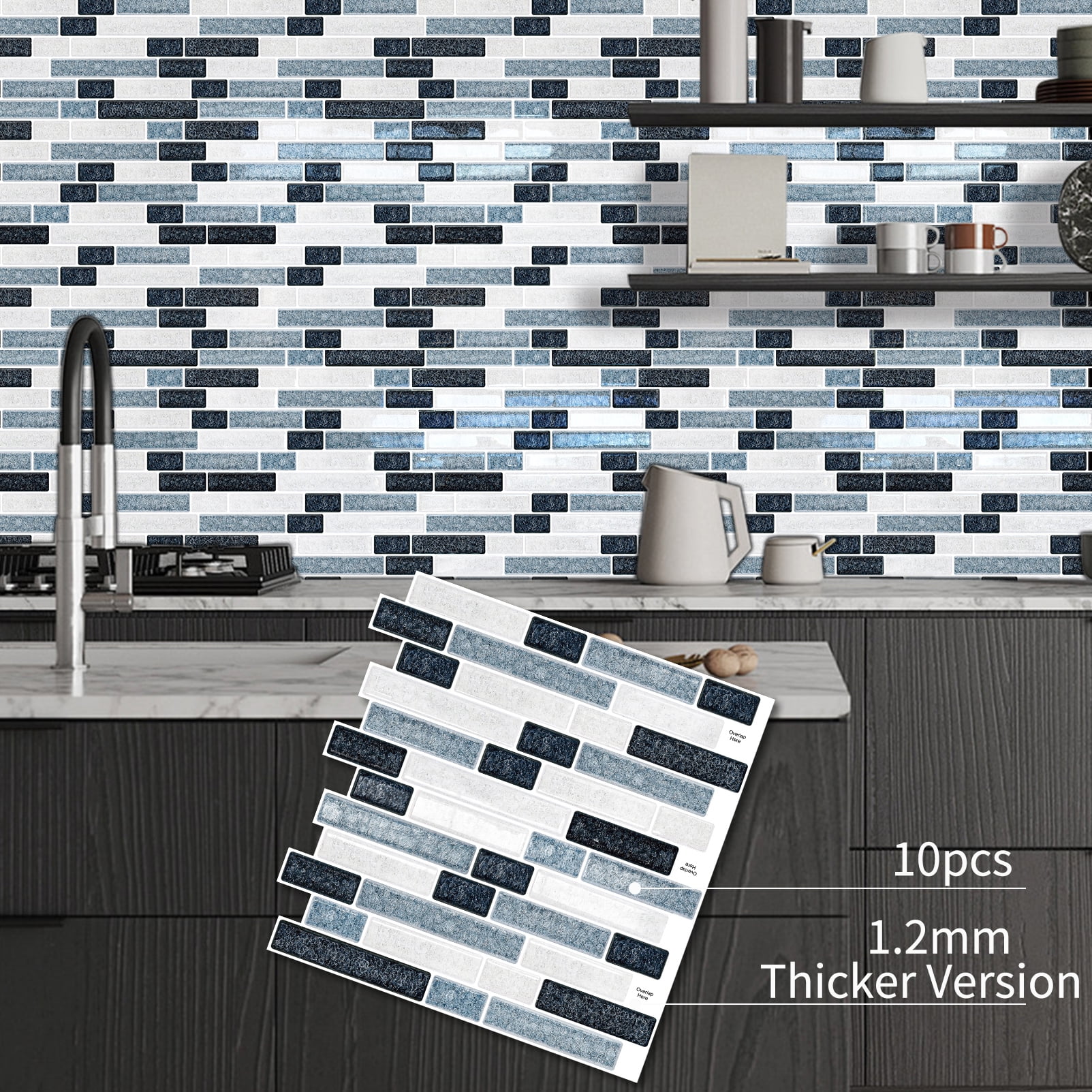 DEWOO Peel and Stick on Self Adhesive Backsplash Wall Marble Tiles Stickers 3D for Kitchen Bathroom,Dark Blue (10-Sheet, 12"×12")