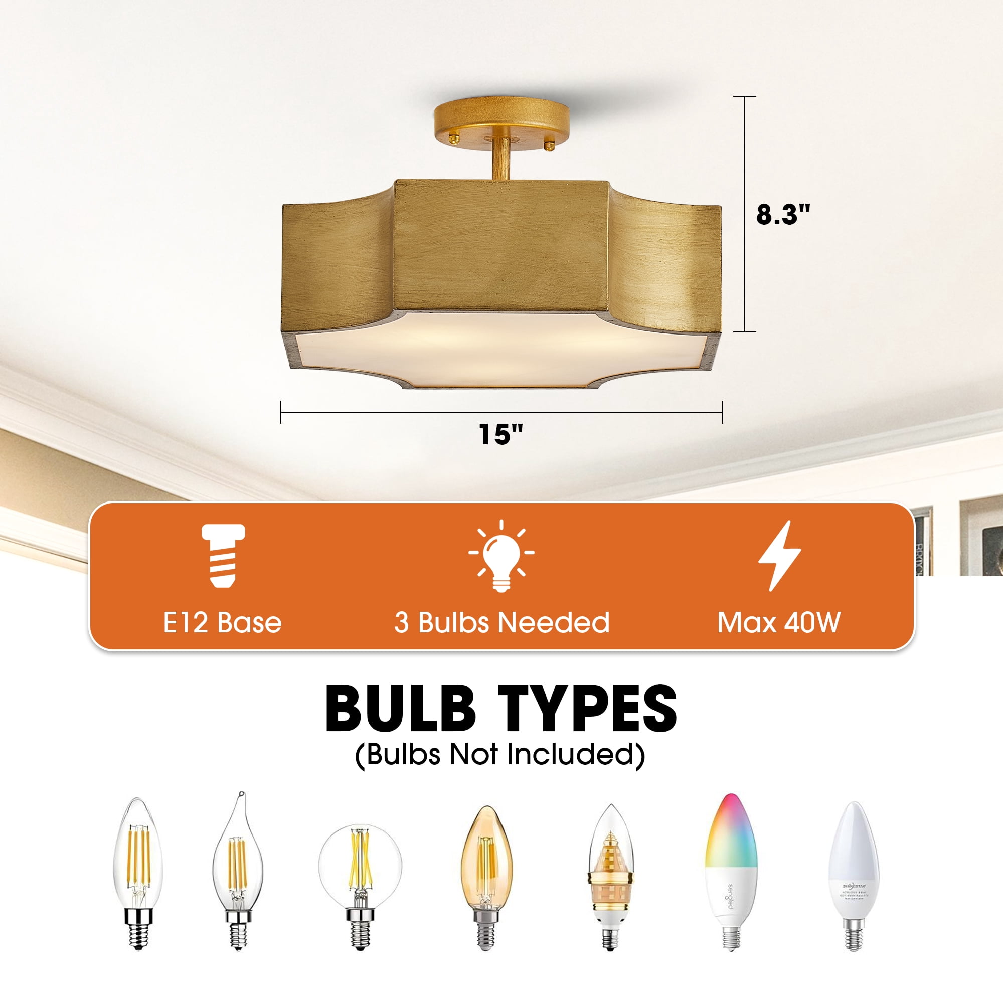 Parrot Uncle 15" W Gold Semi Flush Mount 3-Light Ceiling Light Fixture for Living Room, Bedroom, Dining Room