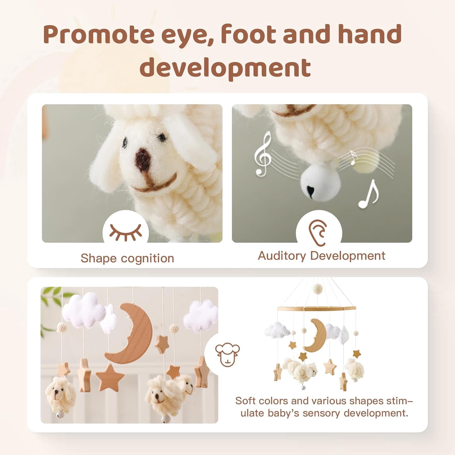 Wooden Baby Crib Mobile – Montessori-Inspired Nursery Decor with Soft Neutral Tones, Handcrafted Hanging Toy for Newborns 0-6 Months, Calming Visual & Sound Stimulation Gift​