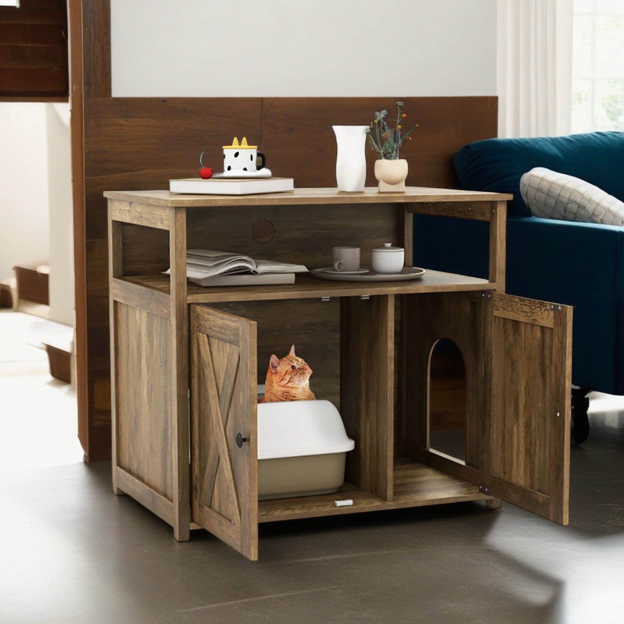 Pefilos 31" Cat Litter Box Enclosure with Double Barn Doors Divider and Storage Shelf, Hidden Cat House Washroom Furniture, Brown