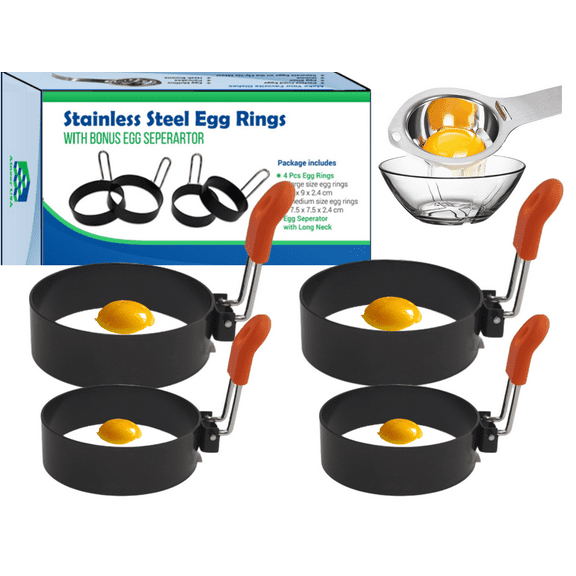 Alnoor USA 4-Pack Stainless Steel Egg Rings with Bonus Egg Separator, Non Stick Round Pancake Mold, Omelet Sandwich Mold, Kitchen Cooking Tool
