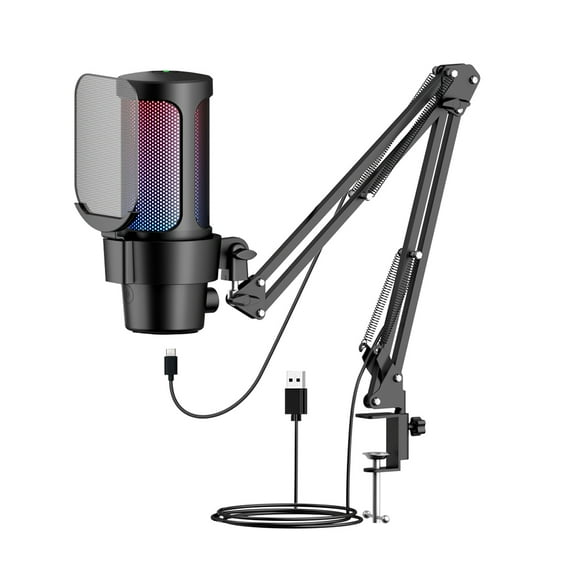 Graflsoa M8-35 RGB USB Microphone with Adjustable Arm, Pop Filter, and Volume Gain for Gaming, Streaming, and Singing, 192kHz/24bit Sampling, Heart-Shaped Pickup, Compatible with PC/Mac/Phone