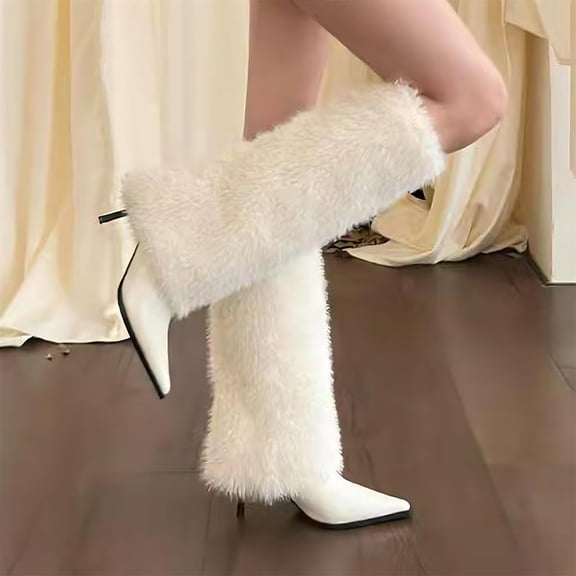 YOUYEDIAN Womens Furry Boots Knee High Fold Over Tall Boot Wide Calf Pointed Toe Stiletto High Heel Fall Winter Boots for Women White