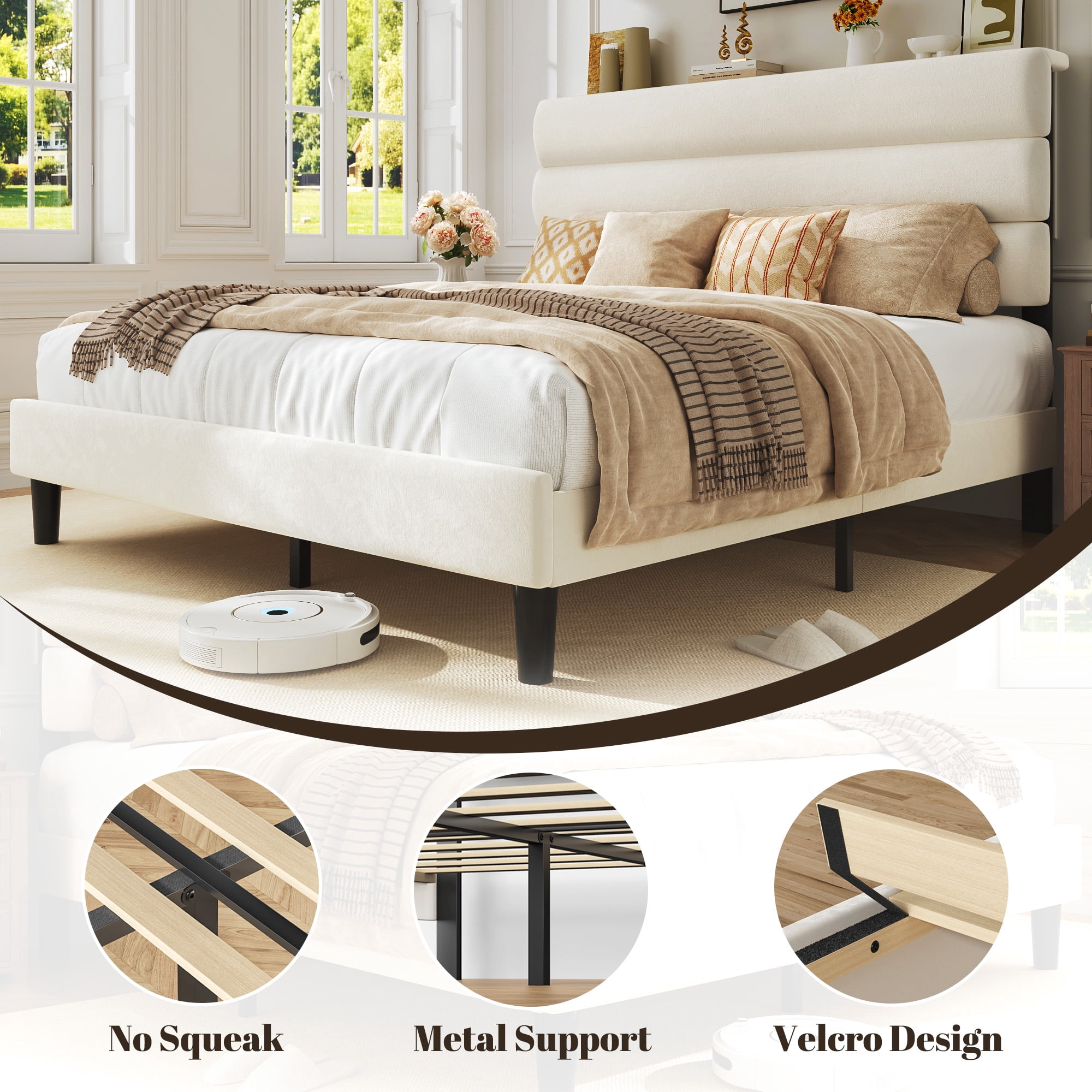 Bolvdo Queen Bed Frame with Velvet Upholstered Headboard, Metal Support, No Box Spring Needed, Noise Free, Easy Assembly, Beige