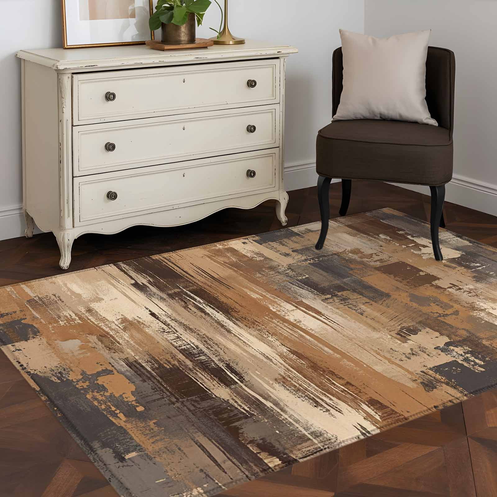 Area Rugs 2.7'x5', Brown Abstract Carpet for Living Room Bedroom Dining Room, Vintage Geometric Gradient Oil Painting Modern Throw Kitchen Rugs Non Slip Washable Rectangle Indoor Outdoor Rugs