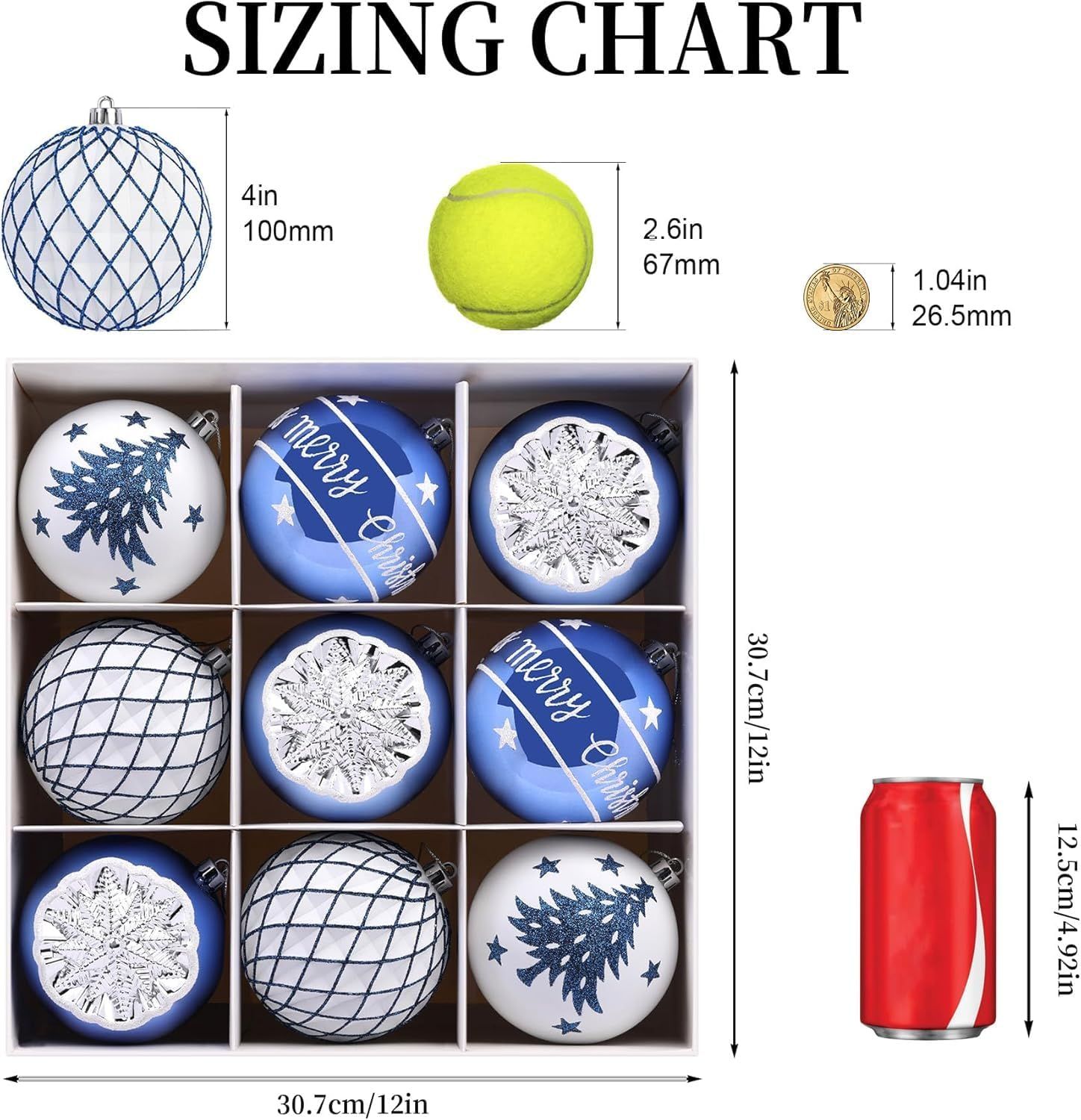 100MM/4 Inch 9PCS Large Christmas Balls Ornaments, Shatterproof Plastic Hanging Big Baubles Set for Xmas Tree Decoration Holiday Party Wedding Decorations with Hook