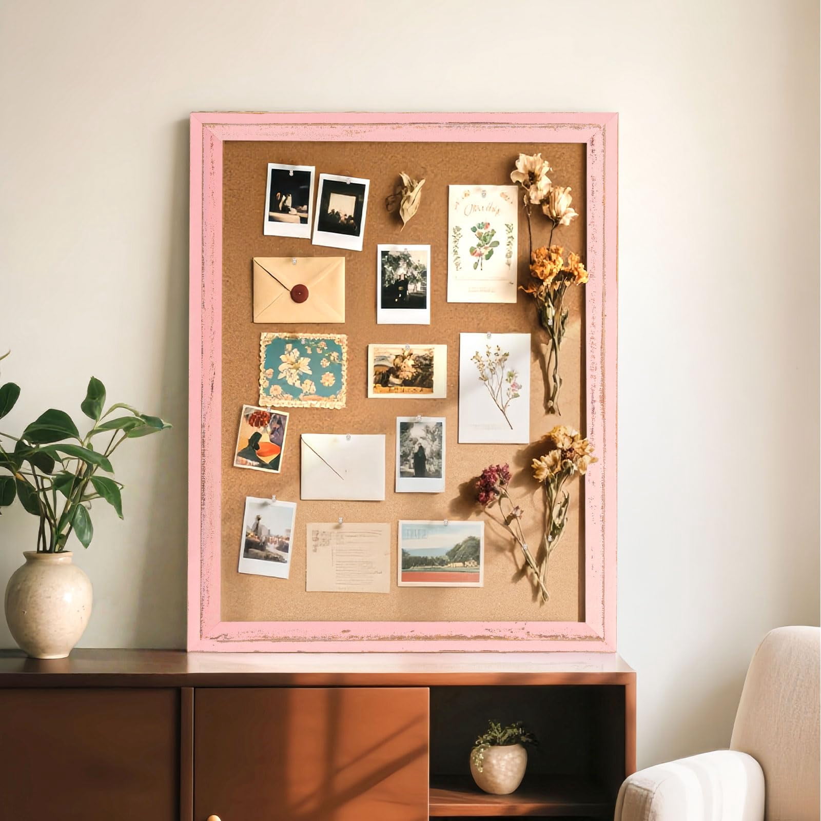 Cork Bulletin Board  24" X 18" Corkboard For Wall Pink Wooden Frame Decorative Hanging Pin Tack Home Office Decor 10 Push Pins
