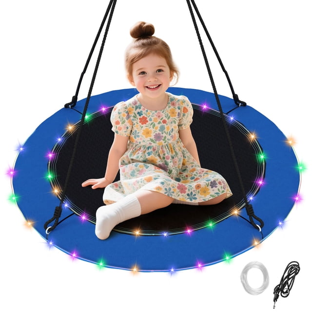 Costway 40" Saucer Tree Swing 660 LBS for Kids Adults Outdoor w/LED Lights Black Blue