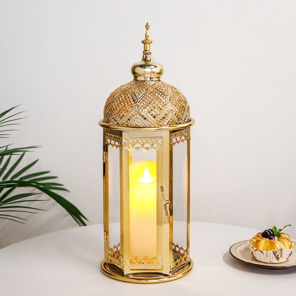 Moroccan Candle Lantern15'' Gold Hexagonal Candle Holder with Tempered Glass Decorative Indoor Outdoor Ramadan Lantern
