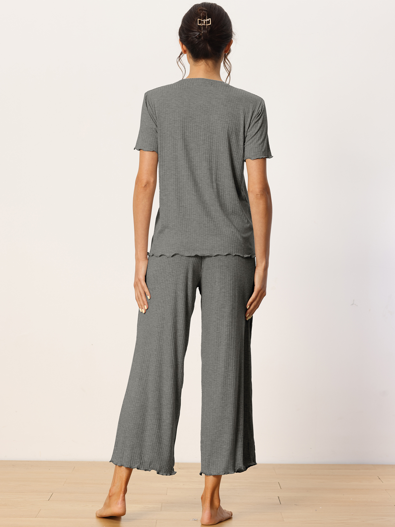 DARING DIVA Women's Ribbed Knit Round Neck Short Sleeve Pajamas Set S Dark Grey