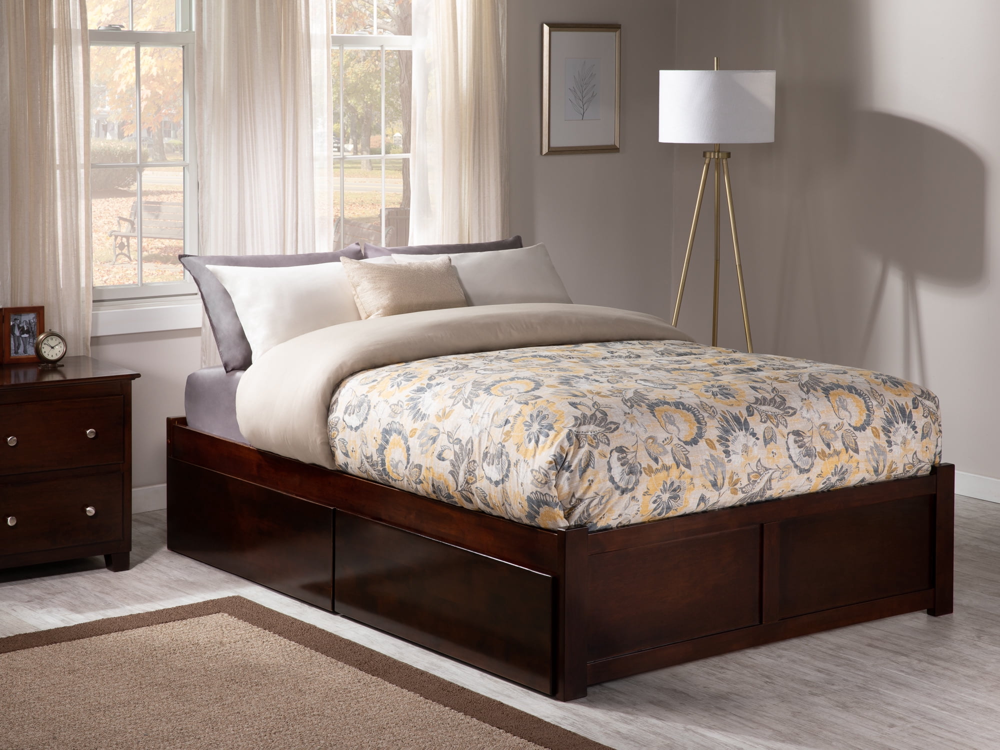AFI Concord King Solid Wood Platform Bed with Footboard & 2 Storage Drawers, Walnut