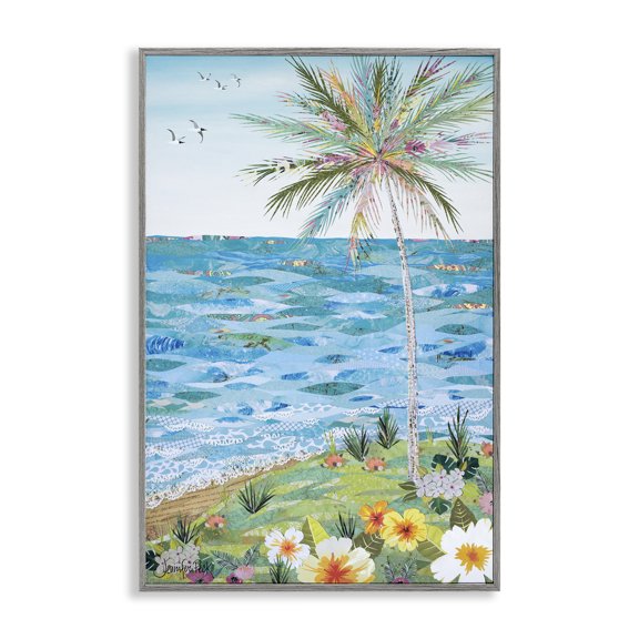 Stupell Industries Collaged Tropical Landscape Landscape Painting Gray Framed Art Print Wall Art, 20 x 30