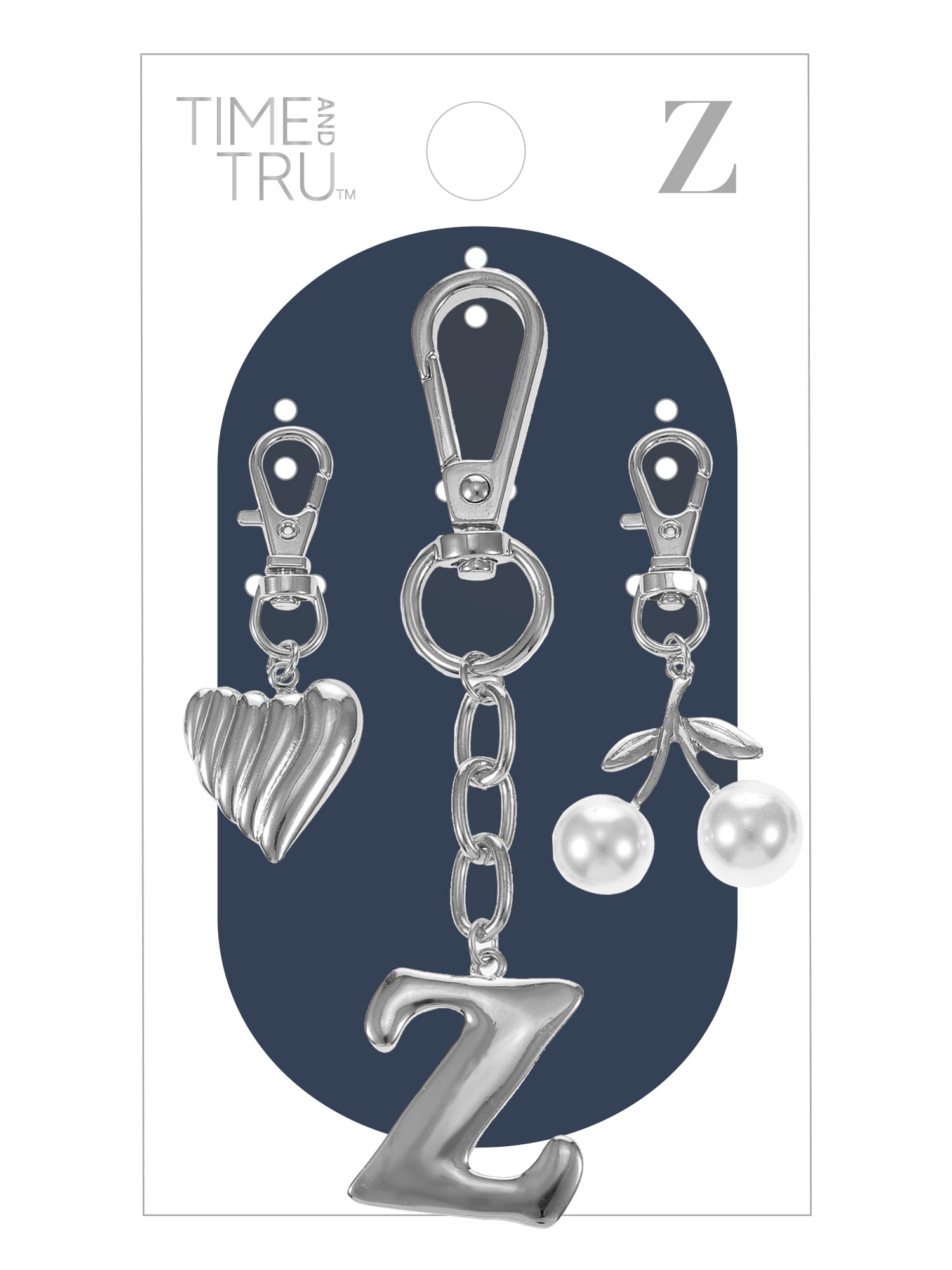 Time and Tru Silvertone Initial Letter Bag Charm Set, 3 Pieces, Letter Z