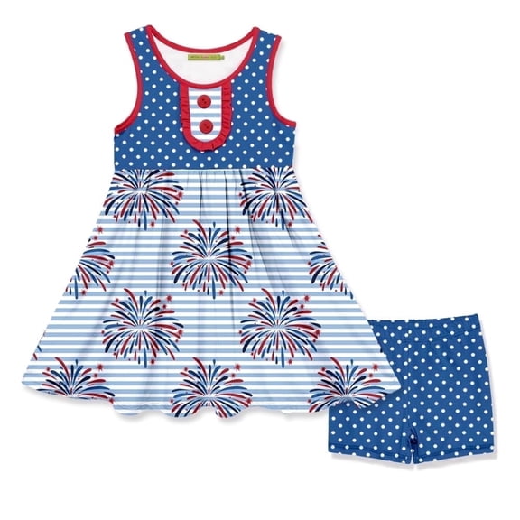 Millie Loves Lily Girls' Blue American Flag Patriotic Fireworks Dress & Matching Short Set Big Girls, Size 8 (2-PCS)