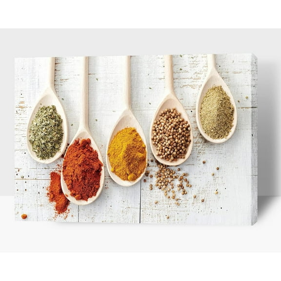 Kitchen Wall Decor Spoons and Spices Canvas Art, Colorful Ingredient Canvas Print for Dining Room Decor, Vintage Condiment Picture Farmhouse Kitchen Framed Painting for Restaurant Decor 12x18