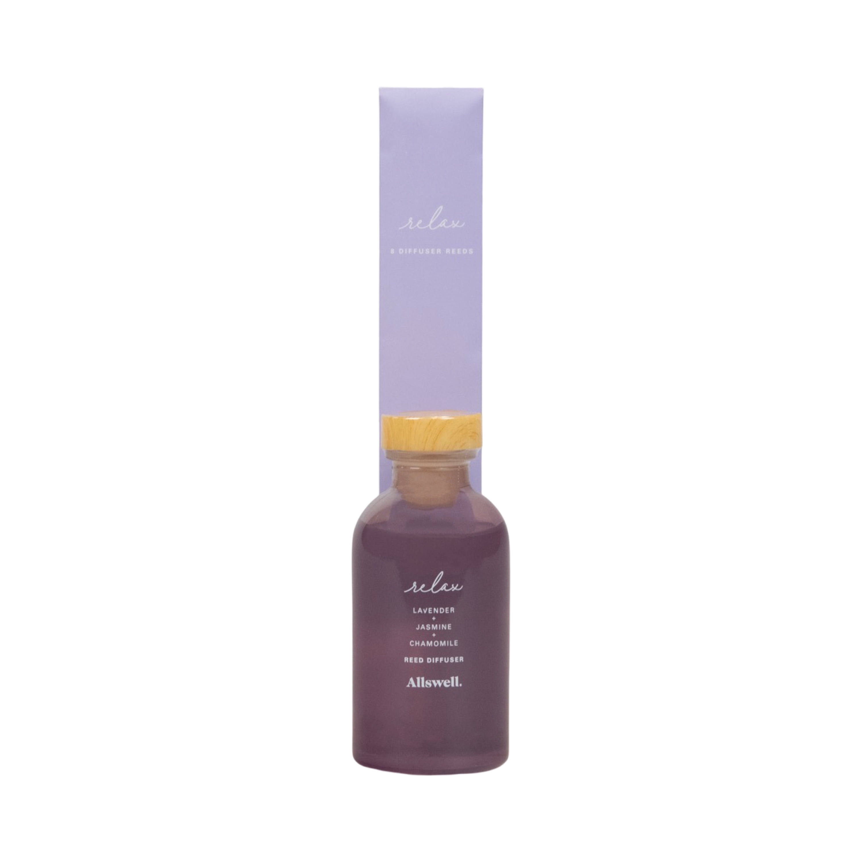 Allswell Relax (Lavender + Jasmine + Chamomile) Scented Reed Diffuser 3 fl oz (90mL) With 8 Synthetic Reeds.
