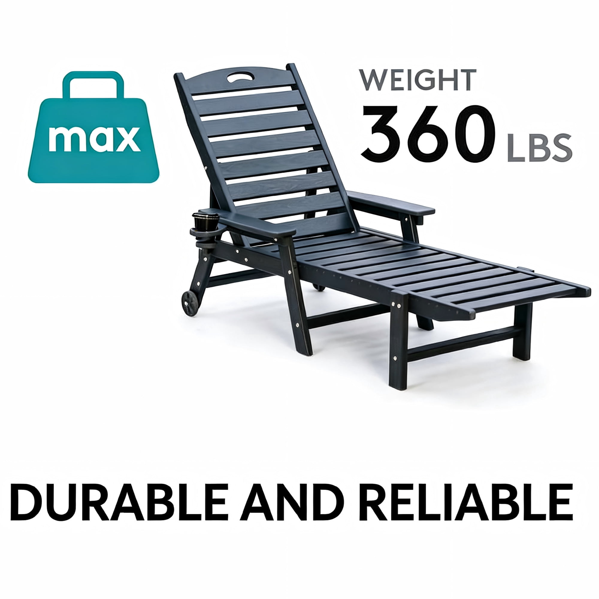 Aukfa HDPE Outdoor Patio Chaise Lounge Chair w/ Cup Holder&Wheels, 360 LBS Capacity, Black