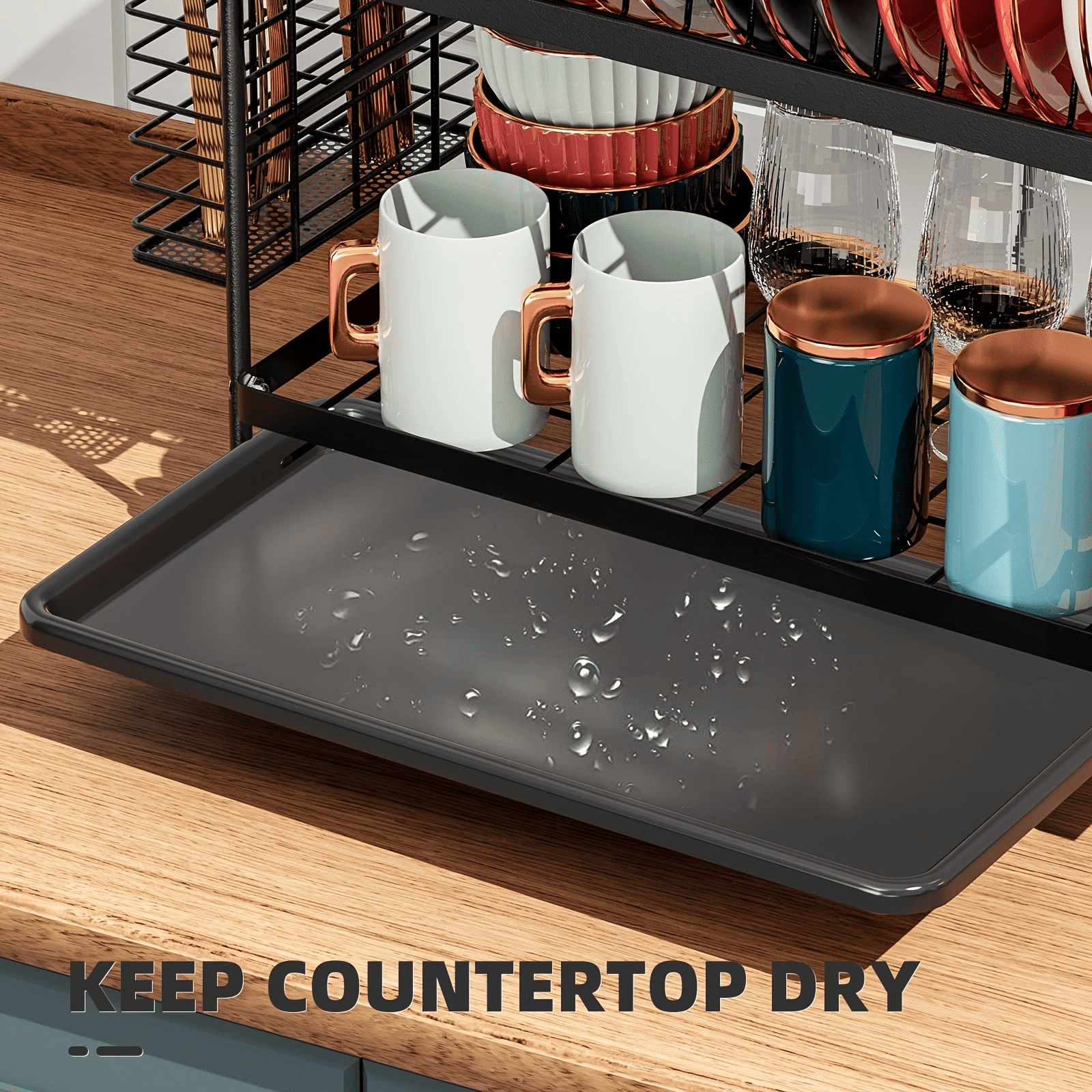 ​MAROAUO Dish Drying Rack 2-Tier Square with Utensil Holder and Drain Board, Sink Organizer, Kitchen Sink Dish Drainer, Black, 1pc, Standard Size​
