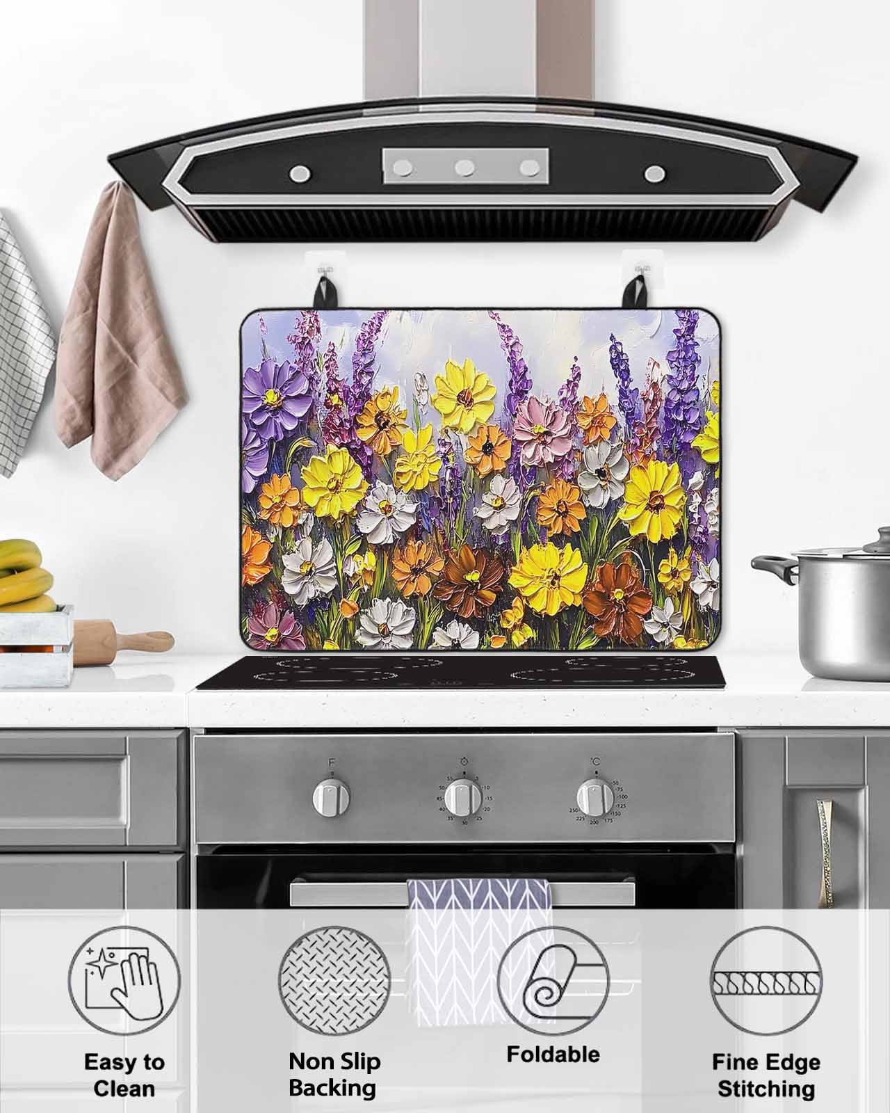 nqOlkjepod Large Induction Cooktop Protector Mat 36"x21", Vintage Flowers Stove Top Covers for Electric Stove, Spring Rustic Oil Painting Botanical Stove Burner Cover Mats, Glass Top Stove Cover