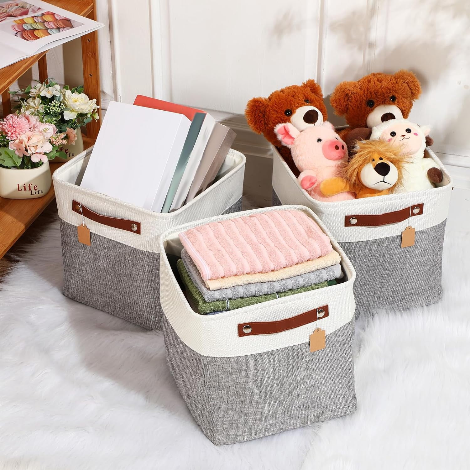 10 Pcs Collapsible Storage Bins Fabric Storage Basket with Handles Cloth Organizer Linen Shelf Baskets for Shelves Home Closet Nursery Toys(12 x 12 x 12 Inch,Gray and White)