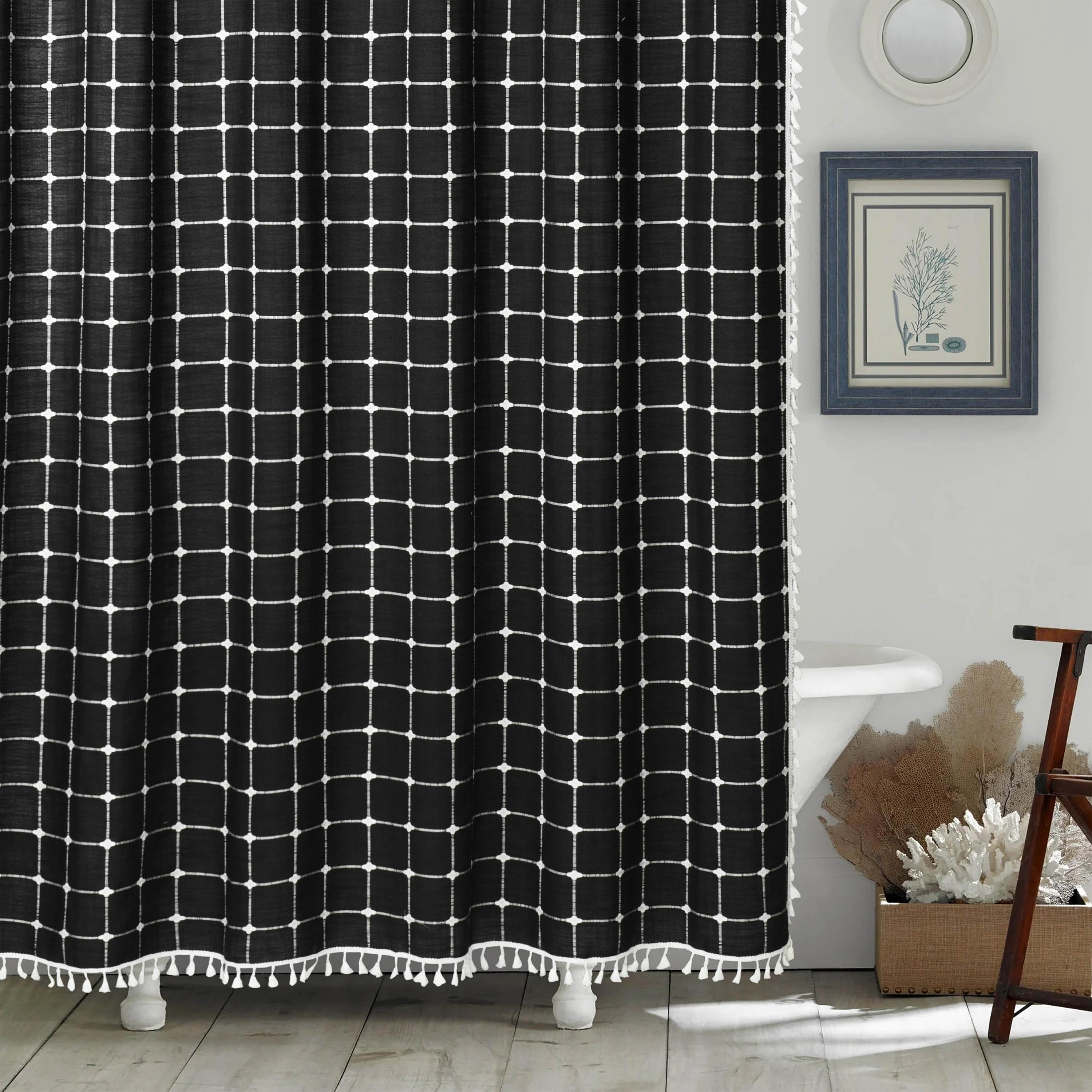 EvJk 1PC Modern Waterproof Plaid Shower Curtains with Tassel for Bathroom, 72" x 72", Black