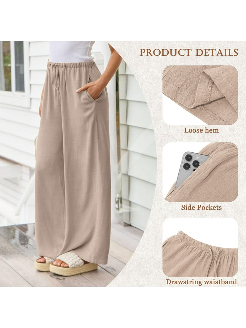 Temofon Women's Wide Leg Linen Pants Summer Casual Palazzo with
