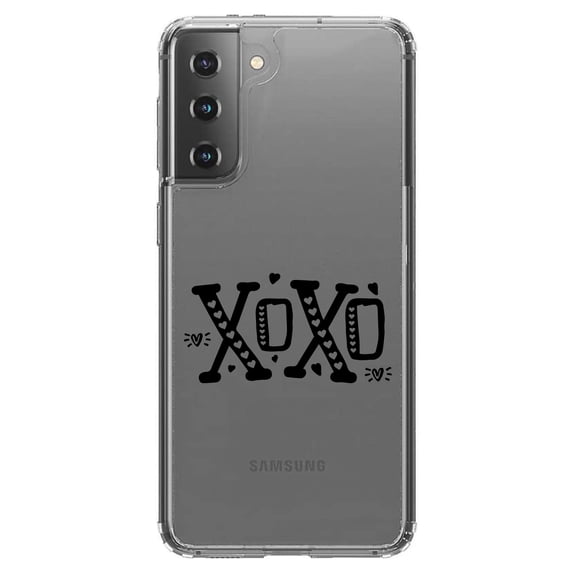 DistinctInk Clear Shockproof Hybrid Case for Galaxy S21 5G (6.2" Screen) - TPU Bumper Acrylic Back Tempered Glass Screen Protector - XOXO Black Hearts Valentine