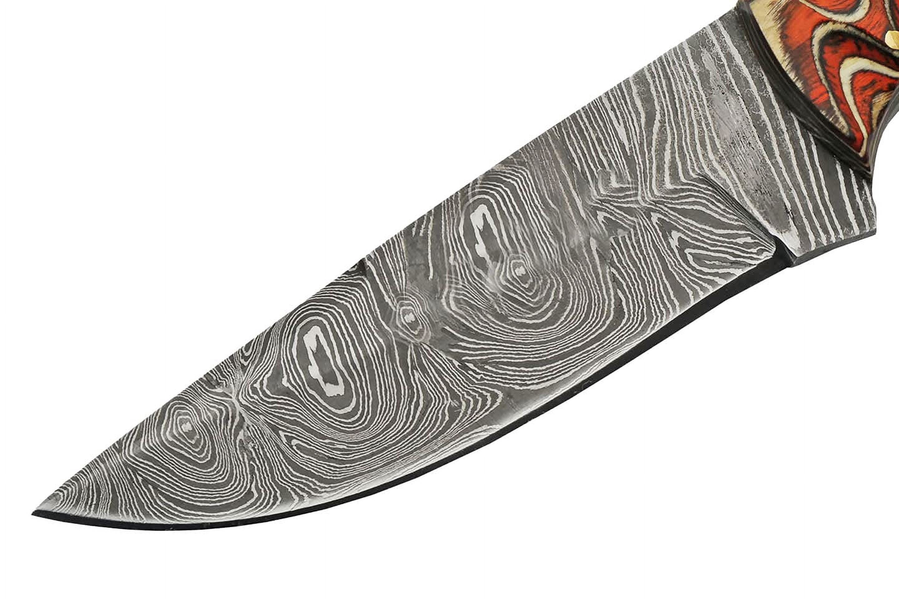 SZCO Supplies 8" Damascus Steel Fixed Blade Outdoor Knife with Twisted Orange Wood Handle and Leather Sheath