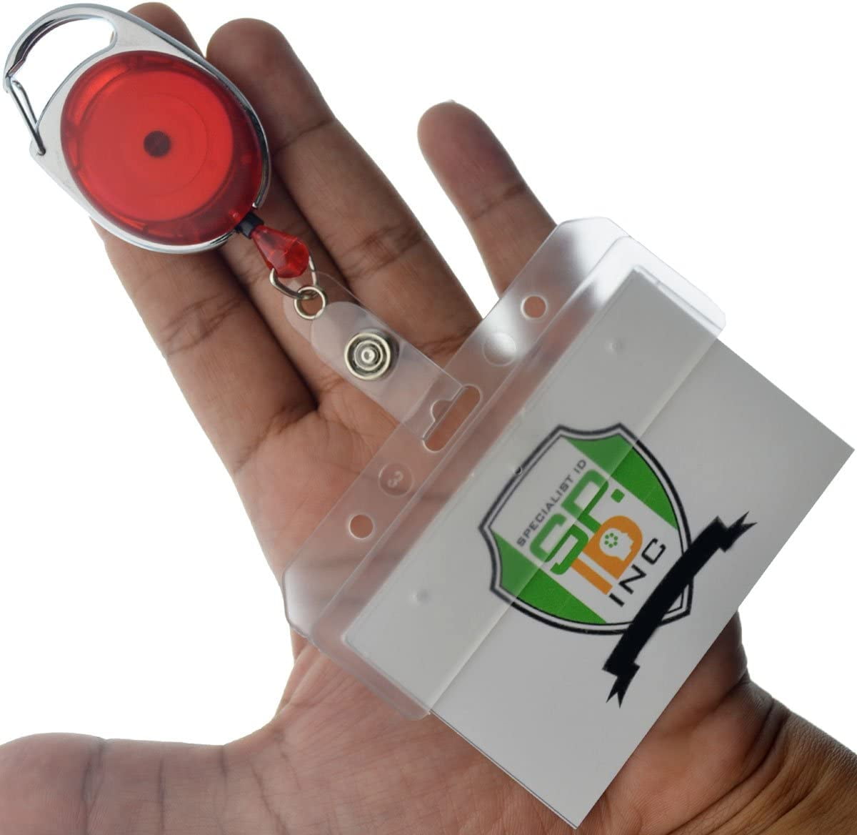 5 Pack - Premium Retractable Carabiner Badge Reels with Horizontal Half Card Badge Holders (Clear Plastic) - Leaves Magnetic Mag Stripe Exposed for POS & Swipe Cards by Specialist ID (Assorted Colors)