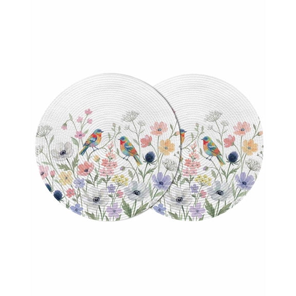 Spring Flowers Round 13 Inch Placemats Set of 2, Colored Birds Country Floral Leaves Botanical HeatResistant Non Slip Place Mats for Dining Table, Wipeable Braided Kitchen Table Mats for Housewarming