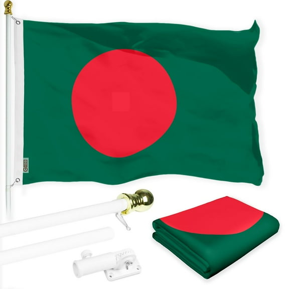 G128 Combo Pack: 6 Ft Tangle Free Spinning Flagpole (White) & Bangladesh Flag 3x5 Ft Printed 150D Polyester, Brass Grommets (Flag Included) Aluminum Flag Pole