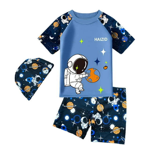 MIASHUI Boys Two Piece Rash Guard Swimsuits Kids Short Sleeve Bathing Suit with Sun Hat,Dark Blue,1-3 Years