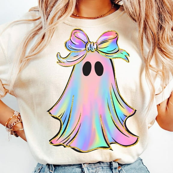 Cute Iridescent Ghost T-Shirt for Women, Coquette Pink Halloween Graphic Tee with Bow, Preppy Neon Spooky Season Shirt Design