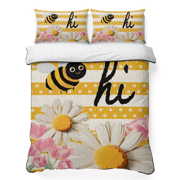 King Quilt Bedding Set, Spring Bees Pink Tulips Daisy Flower 3 Piece Bedding Set Breathable Quilt with 2 Pillow Shams, Vintage Yellow Stripe Soft Microfiber Summer Comforter for Hot Sleepers