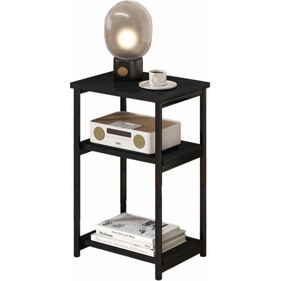 3 Tier End Table with Storage, Telephone Table with Durable Metal Frame, Night Stand Storage Shelf, Side Table Sofa Couch Table for Living Room, Bedroom, Bathroom,Black